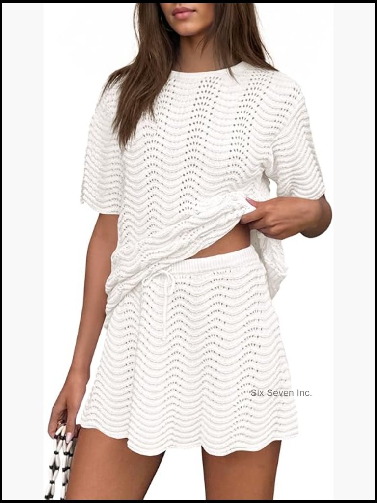 Crochet Swimsuit Coverup 2 Piece Skirt Set Beach Vacation Outfits